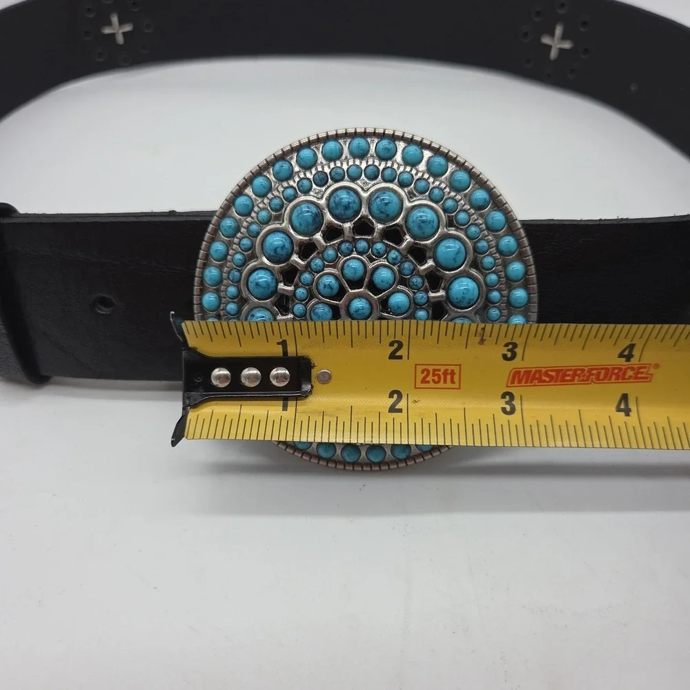 Vintage Boho Genuine Leather Belt Turquoise Stone Medallion Buckle Western LARGE